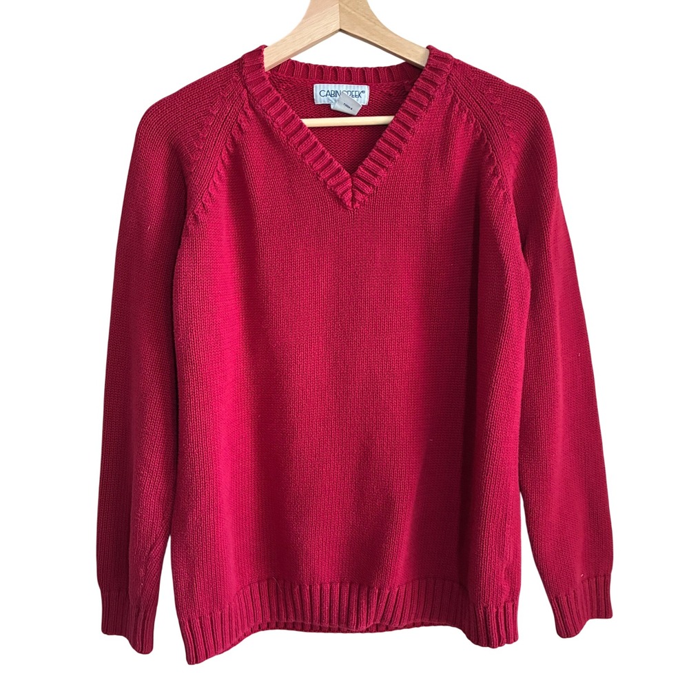 Cabin Creek V-Neck Knit Sweater Medium Red Women 100% Cotton Raglan Sleeve